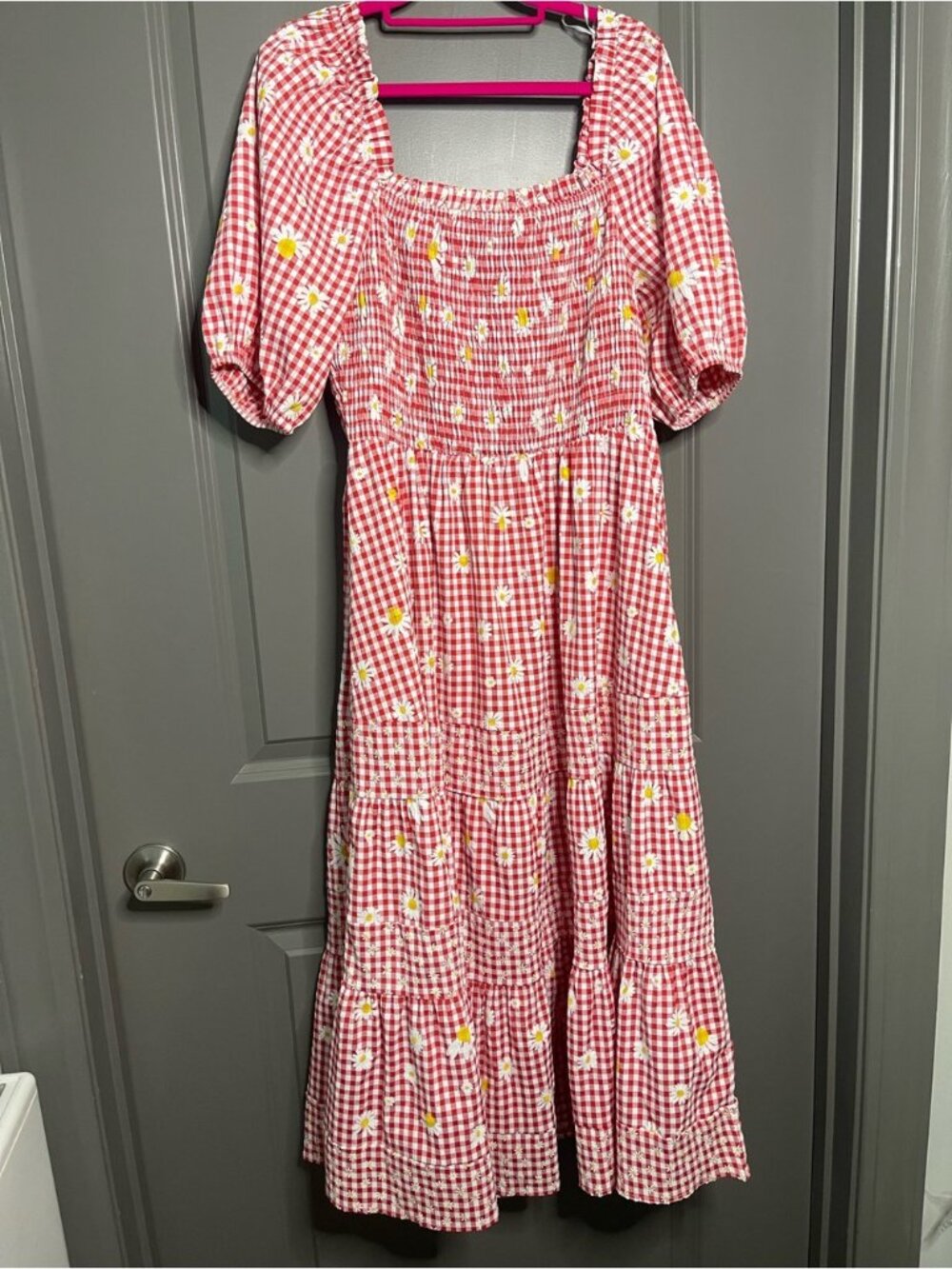 Red Gingham Maxi Dress with Daisy Print - Picture 2 of 6